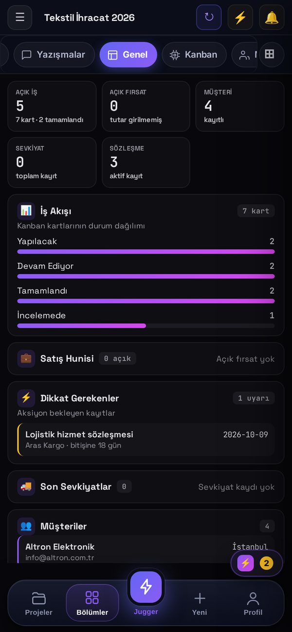 Jugger AI mobil: proje panosu ve Merkez düğmesi